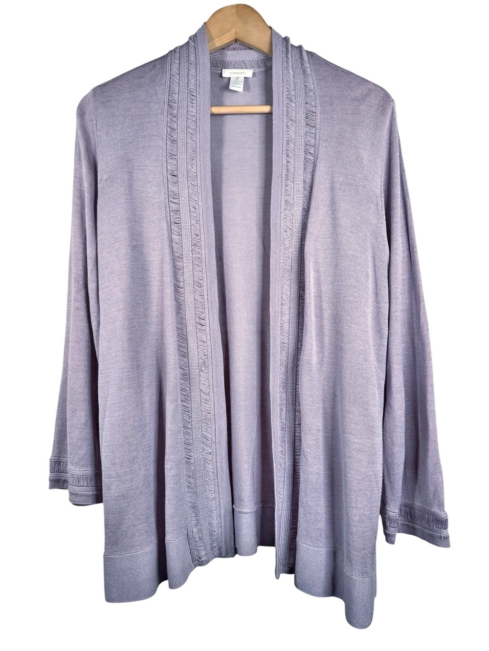Chicos 100% Silk Lavender Cardigan Sweater Size 2 Large Open Ladder Stitch Knit